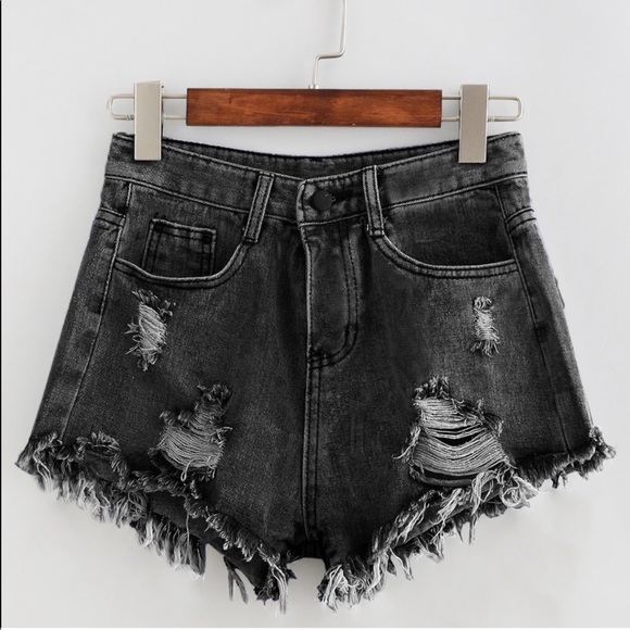 WILA Pants - black distressed denim shorts rip high waist boho